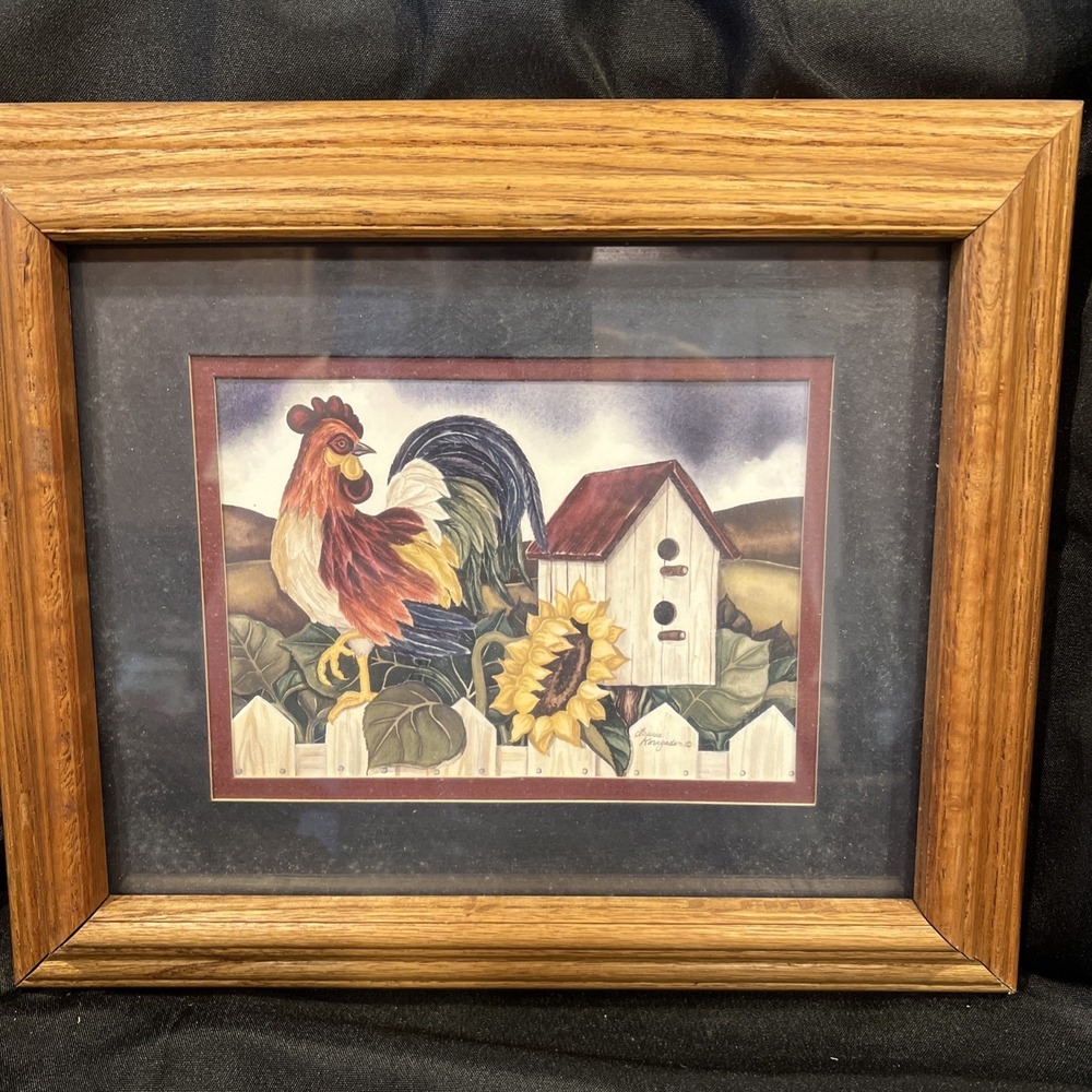 Vintage ROOSTER PICTURE  Birdhouse‎ Farmhouse KORSGADEN MATTED FRAMED 8X10